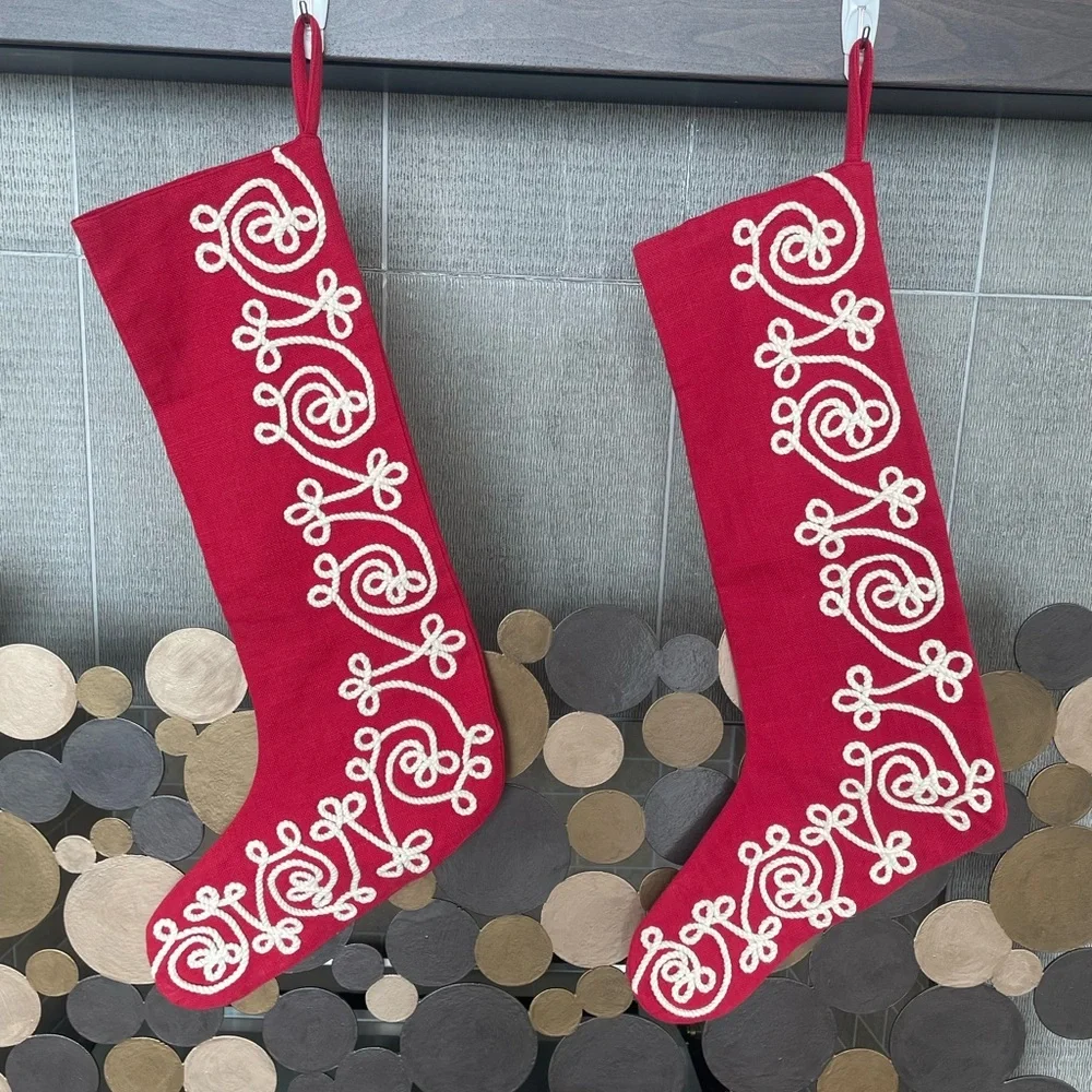 Crate & Barrel Christmas Stocking Red Cream Cotton Rope Cord Scroll 21